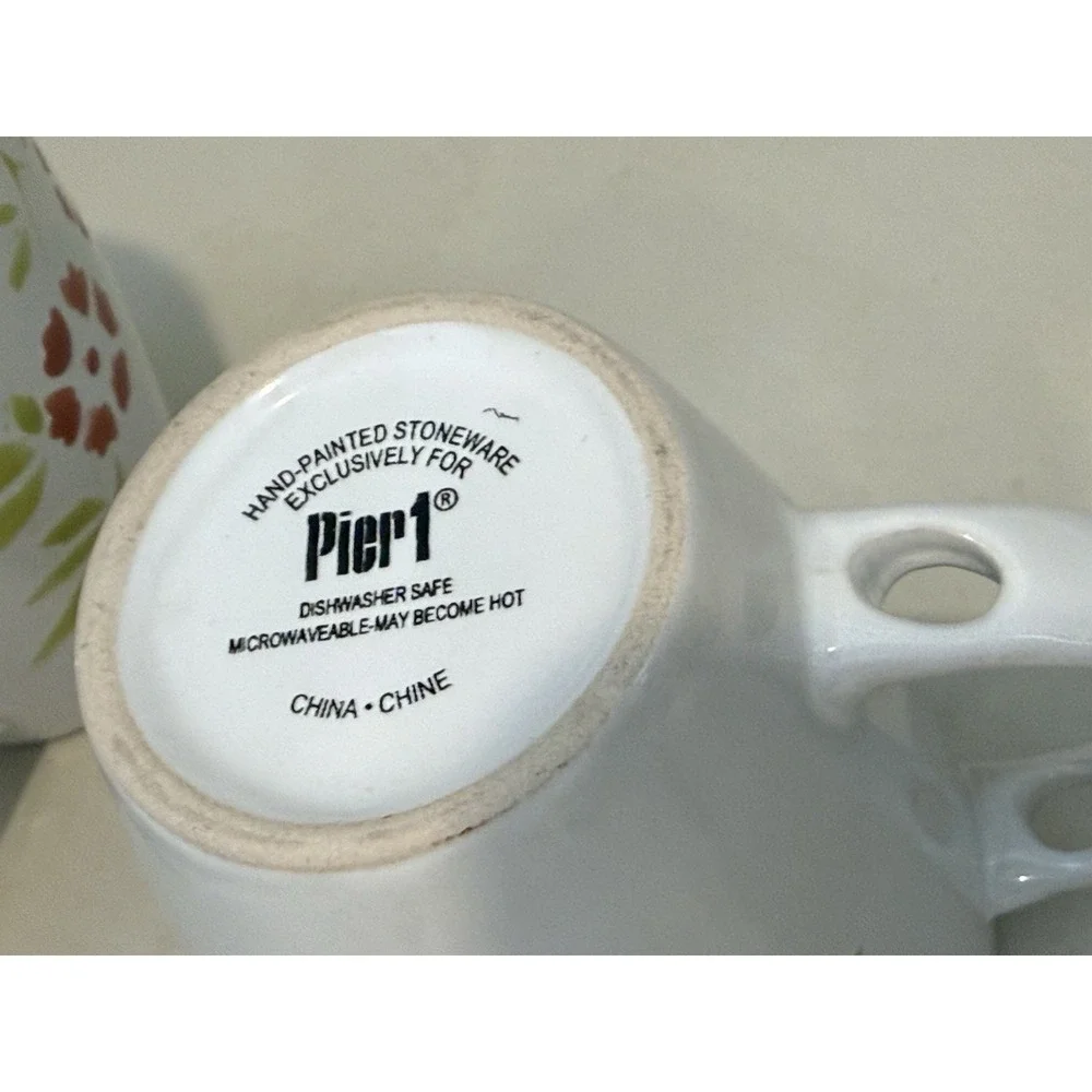 Lot Of 3 Pier 1 Stoneware Coffee Mugs 14 oz  with Spoons Fowers Hand painted